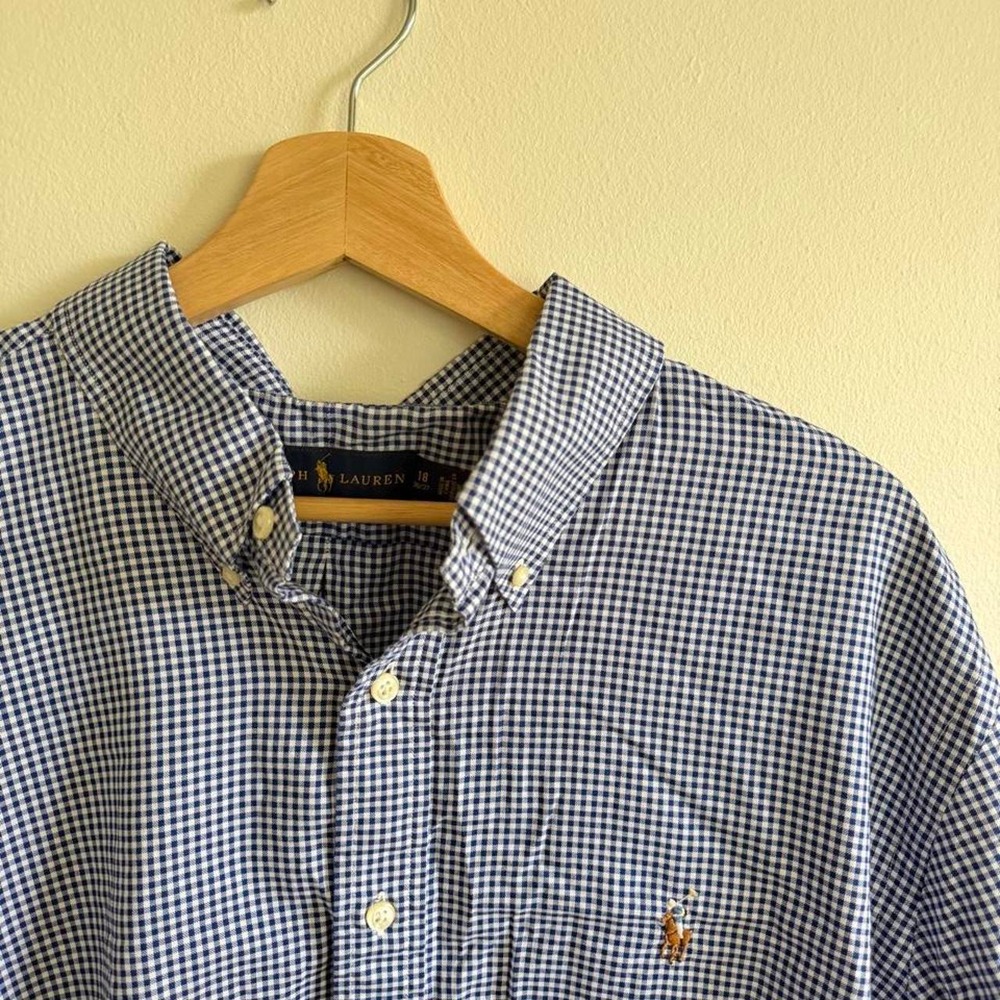 Ralph Lauren white and blue gingham button-up cotton preppy shirt